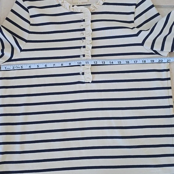 SÉZANE Gael Marienere Ecru Navy Ruffle Edge Button Front Pullover Top XL EUC - Picture 10 of 11